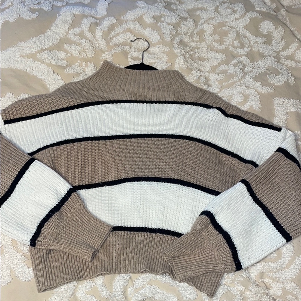 Striped Knit Sweater - Black, White, and Tan